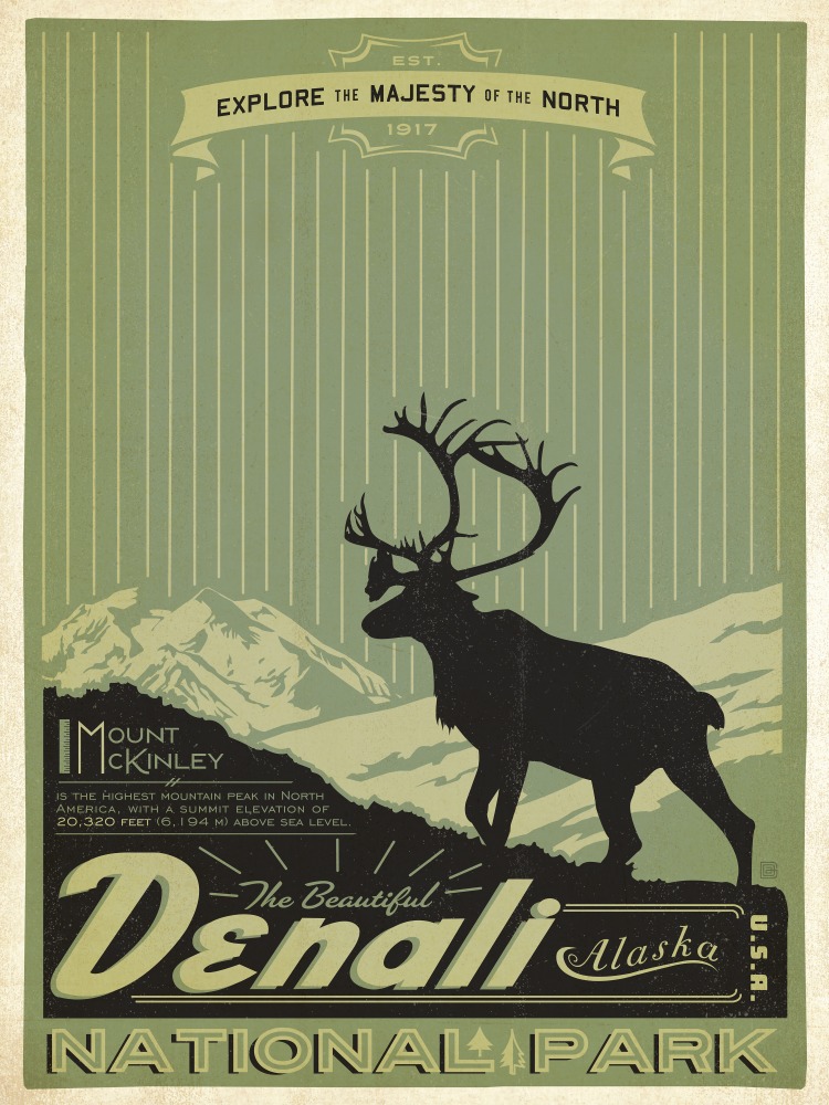 Canvas on Demand Poster Print 12 x 16 entitled Denali National Park, Alaska - Retro Travel Poster