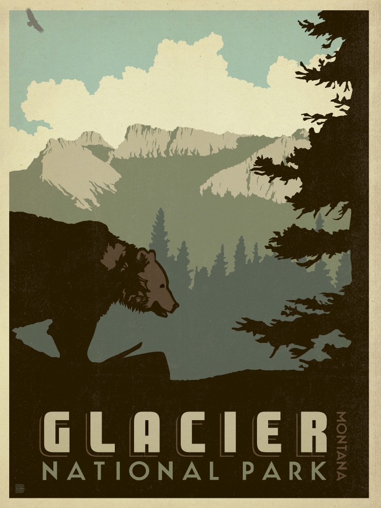 Canvas on Demand Poster Print 12 x 16 entitled Glacier National Park, Montana - Retro Travel Poster