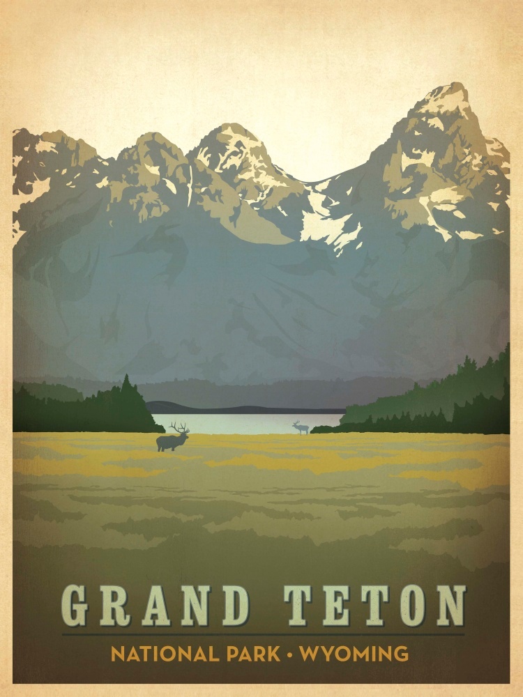 Canvas on Demand Poster Print 12 x 16 entitled Grand Tetons National Park, Wyoming - Retro Travel Poster