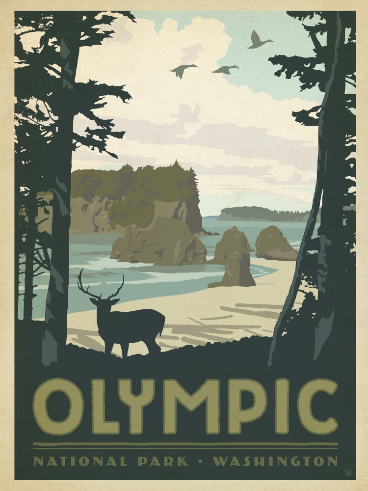 Canvas on Demand Poster Print 12 x 16 entitled Olympic National Park, Washington - Retro Travel Poster