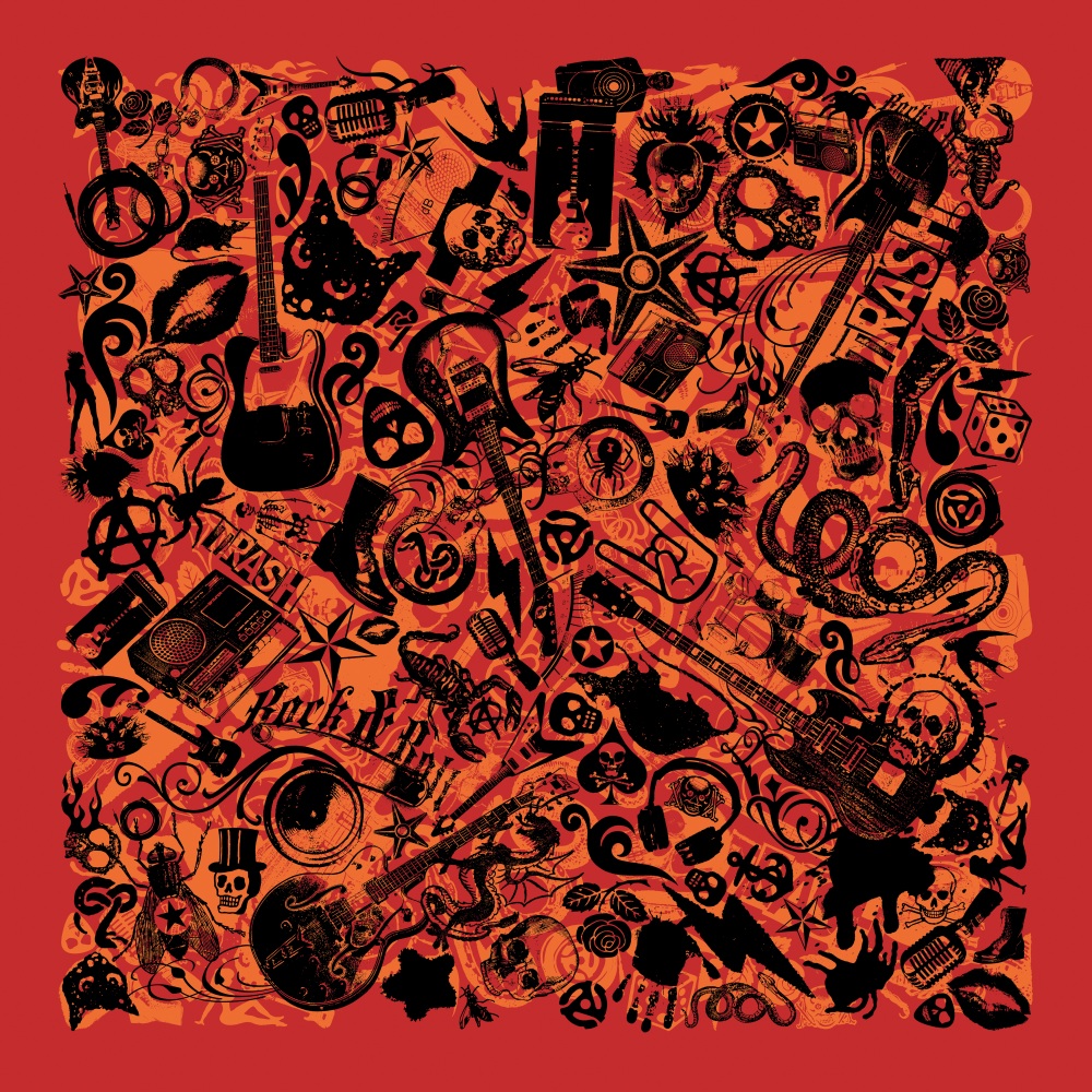 Canvas on Demand Poster Print 12 x 12 entitled Assorted Rock N Roll Icon Pattern on Gritty Red Background