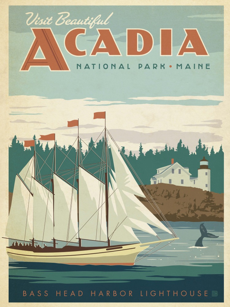 Canvas on Demand Poster Print 12 x 16 entitled Acadia National Park, Maine - Retro Travel Poster