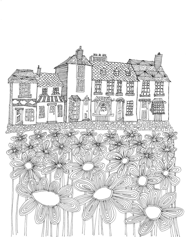 Village Shops With Daisies Coloring