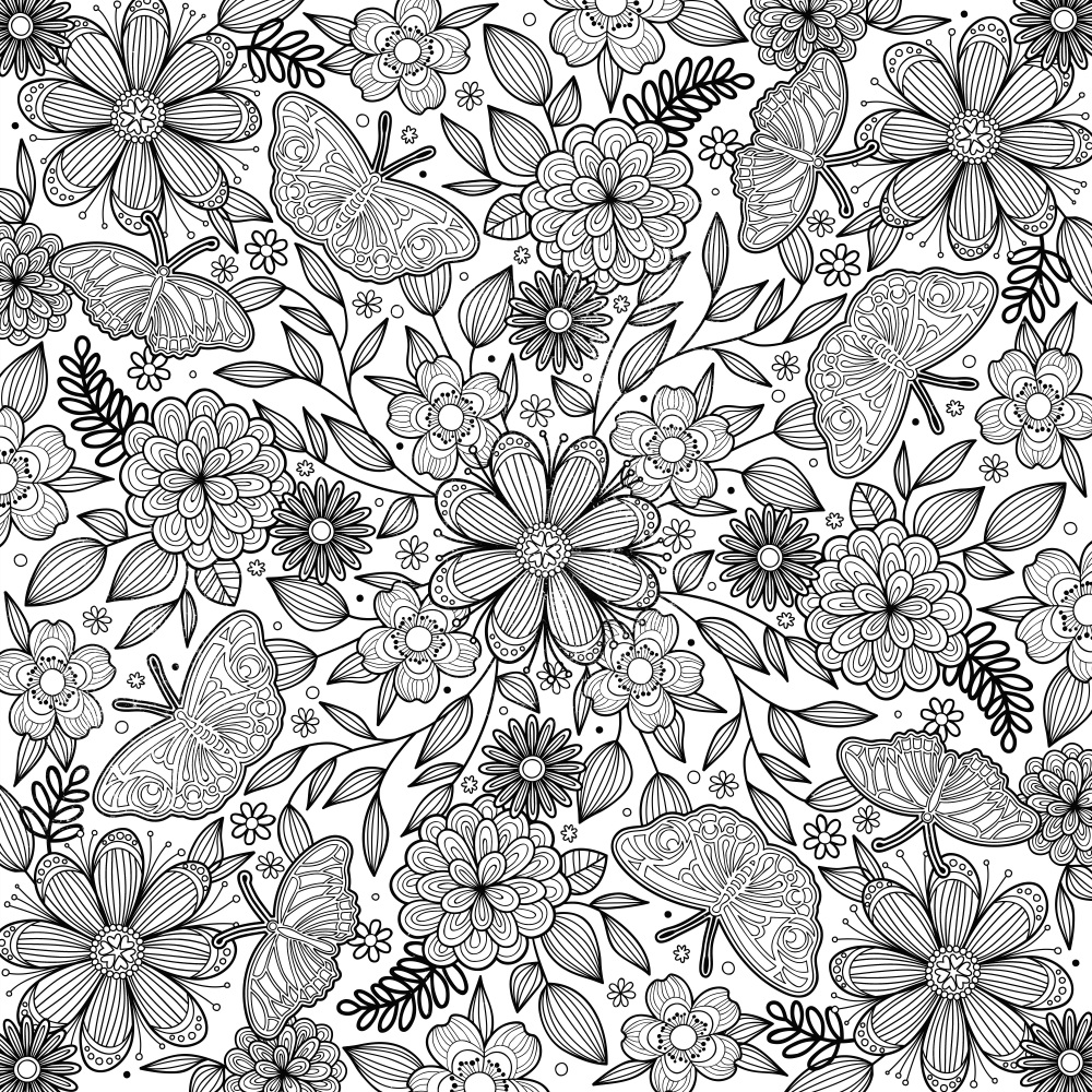 Canvas on Demand Poster Print 12 x 12 entitled Butterflies, Flowers and Leaves Mandala - Black on White