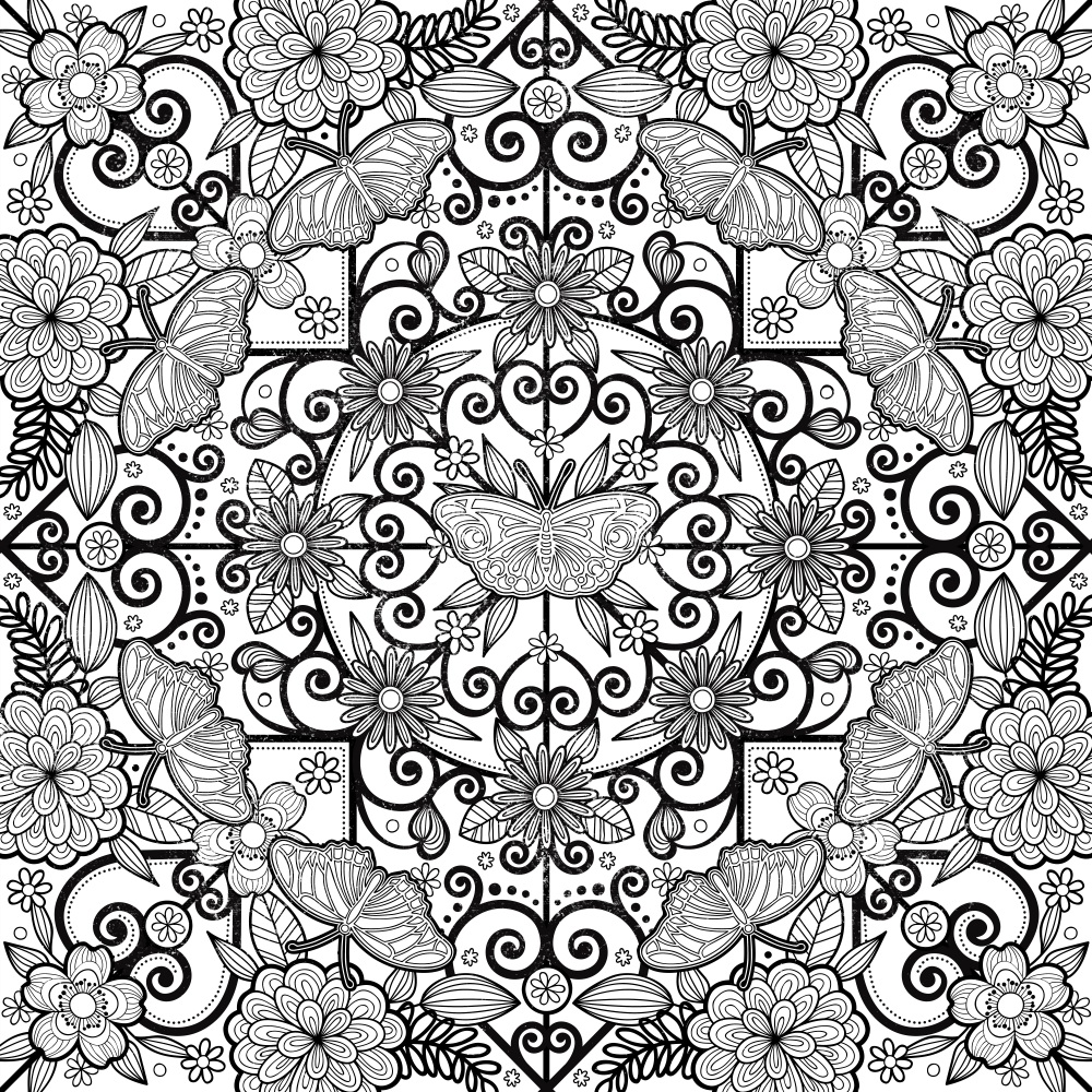 Canvas on Demand Poster Print 12 x 12 entitled Center Butterfly Mandala - Black on White