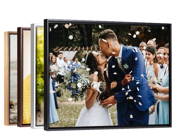wedding photo in a float framed canvas print with multiple finish options