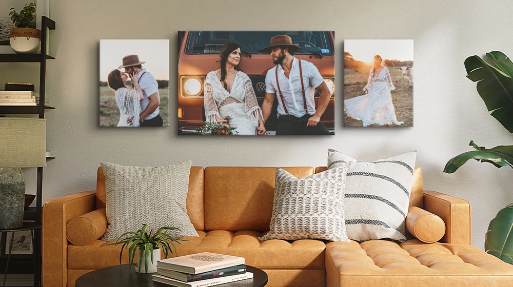 three piece canvas gallery wall display featuring wedding photos