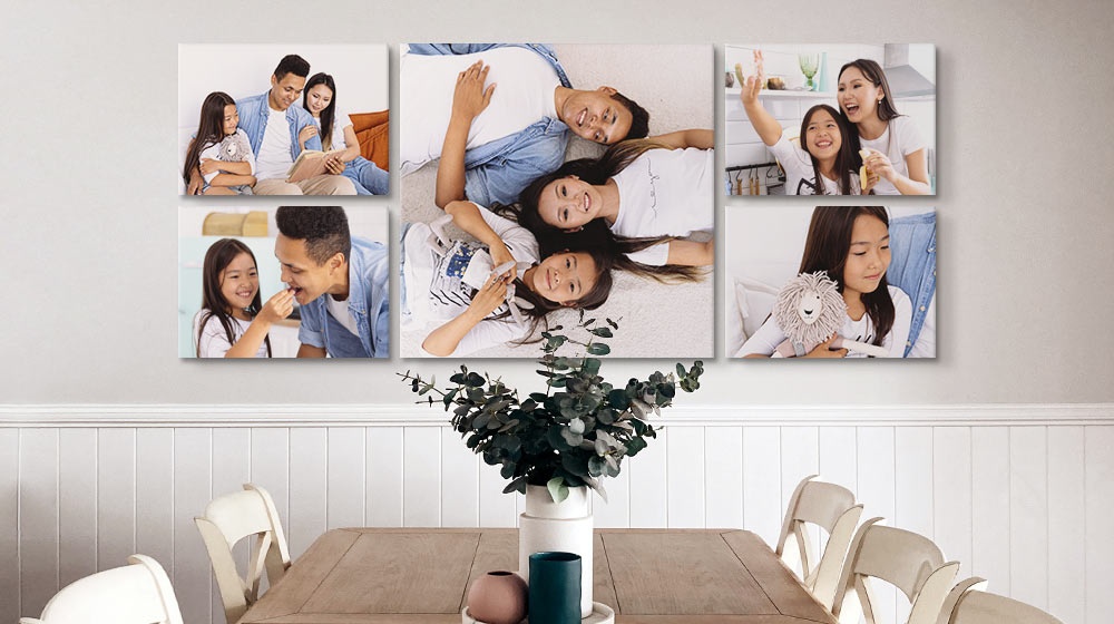 canvas gallery wall display featuring indoor family photos