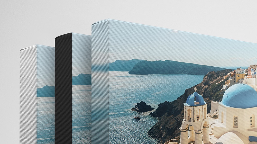 Several canvas prints showing various edge options like white, black, and blur wrap