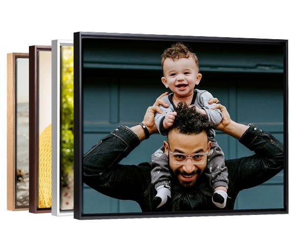 dad and child photo in a float framed canvas print with multiple finish options