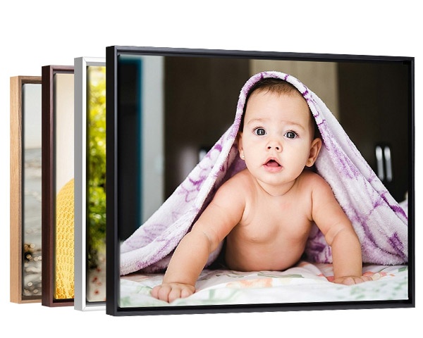 baby photo in a float framed canvas print with multiple finish options