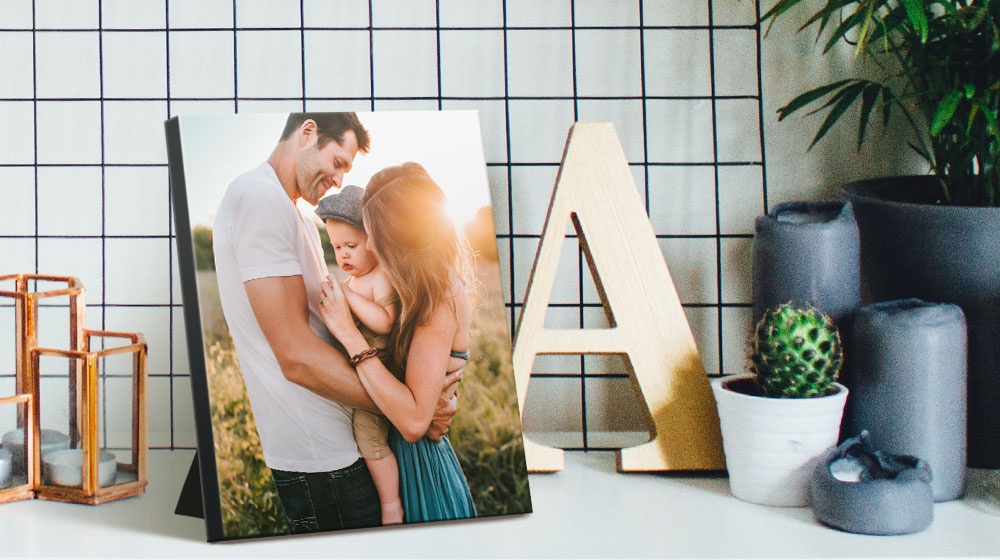 a desktop canvas print on a shelf