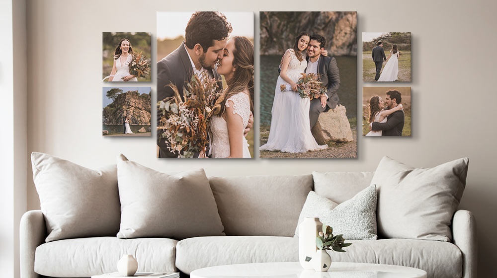 canvas gallery wall display featuring six wedding photos