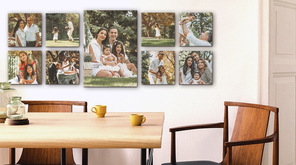 nine piece canvas gallery wall featuring a family photoshoot