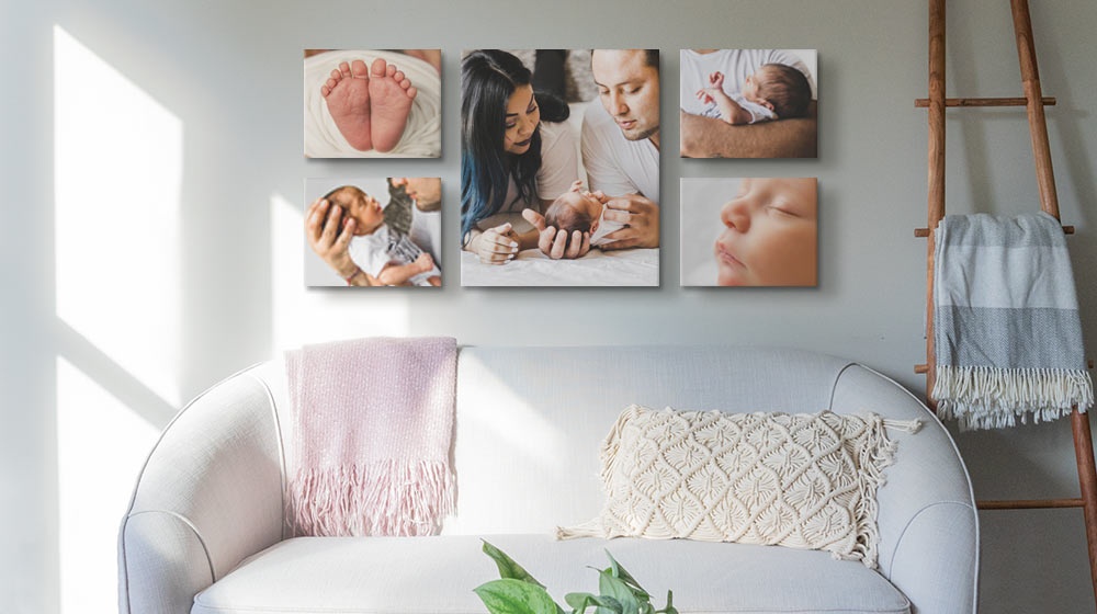 canvas gallery wall display featuring new born photos
