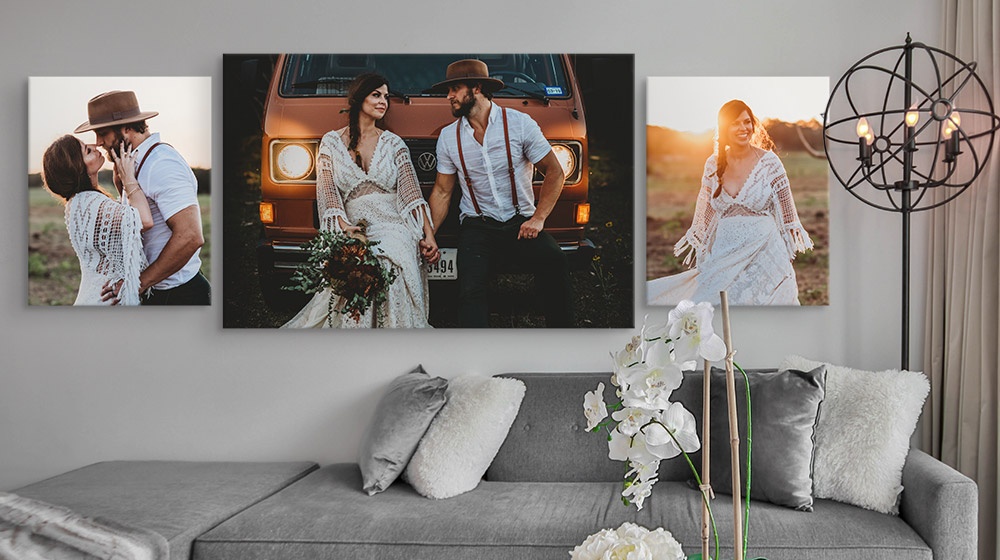 two 16x20 and one 36x24 canvas prints in an elegant living room