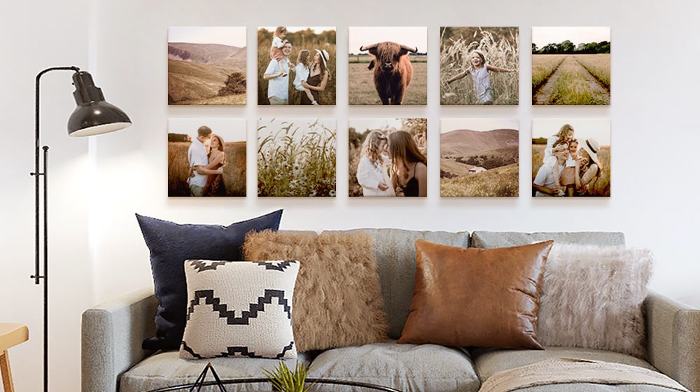 canvas gallery wall display featuring photos of a family in rural landscape