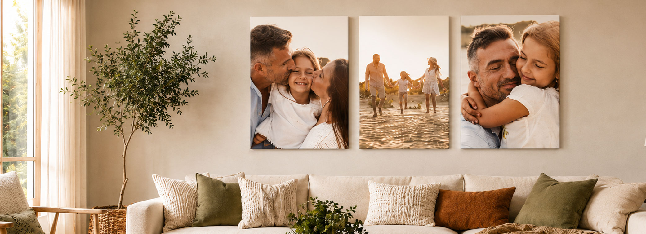 Three warm-toned family canvas prints hanging above a sofa in a cozy living room