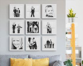 framed photo wall display of family photos
