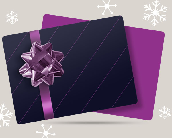 Gift card with a purple envelope and a ribbon gift bow on it