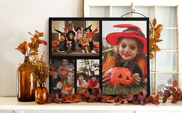 Photo collage canvas print on a mantel