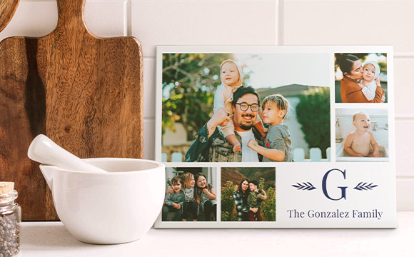 Photo collage canvas print on a kitchen counter