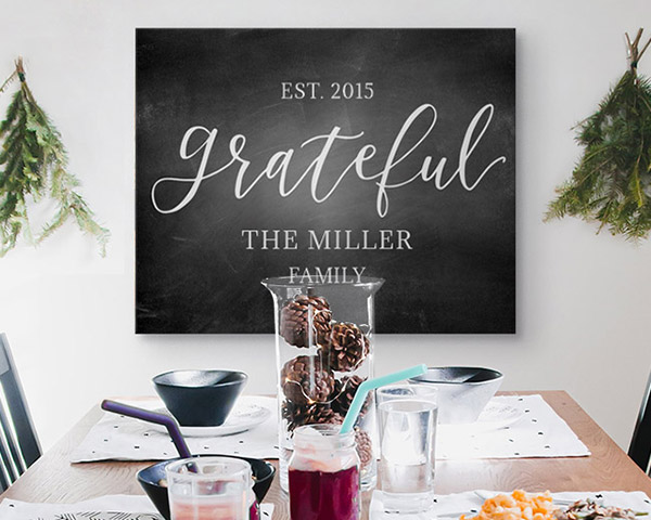personalized word art featuring grateful typography with custom family name in a dining room