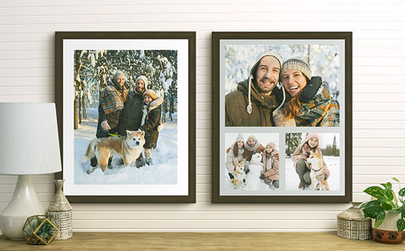 Walnut framed print of a family at the beach