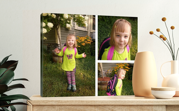 Photo collage canvas print on a kitchen counter