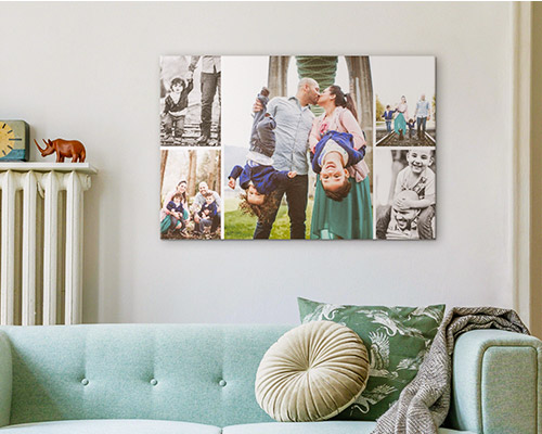 photo collage canvas of a family above a blue couch