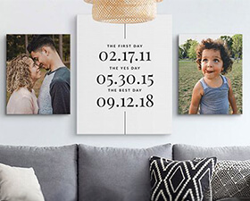 word art canvas with family photo canvases to each side